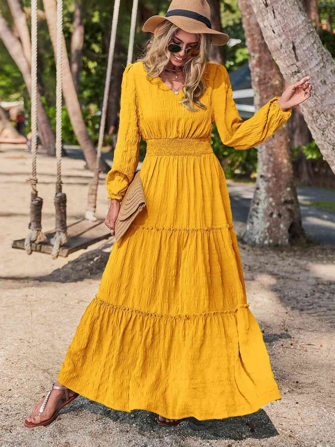 swvws Smocked Waist V-Neck Maxi Dress