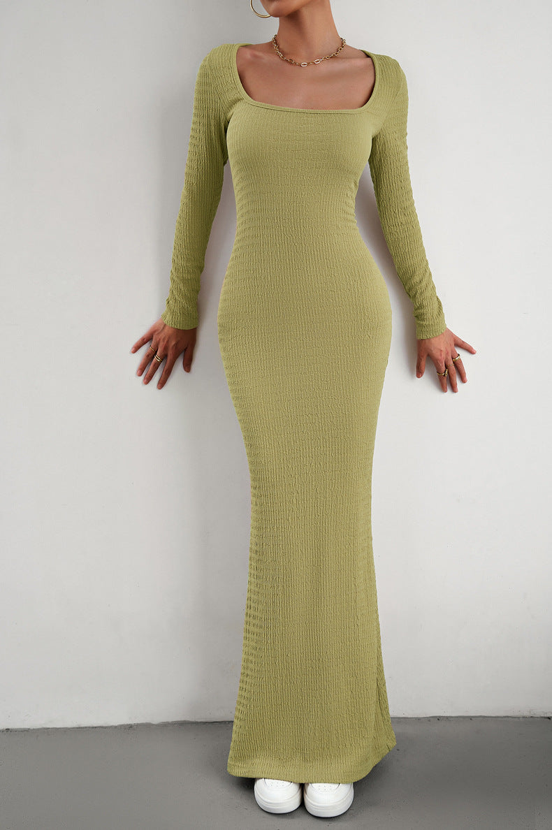 swvws Long Sleeve Square Neck Maxi Bodycon Dress