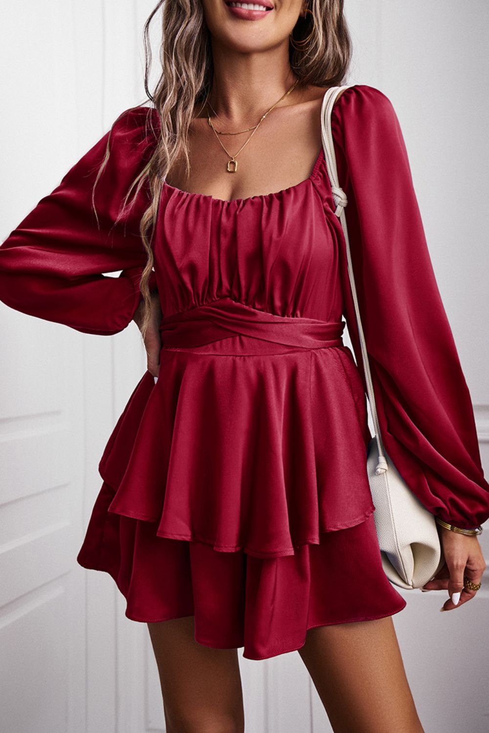 swvws Long Balloon Sleeve Layered Romper