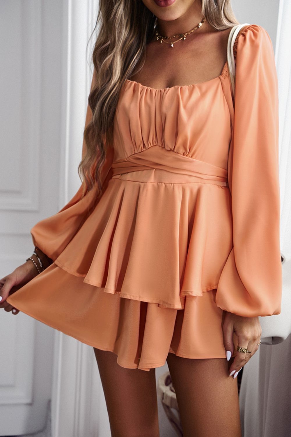 swvws Long Balloon Sleeve Layered Romper