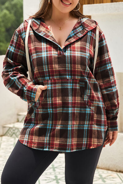 swvws Plus Size Drawstring Plaid Quarter Button Hoodie