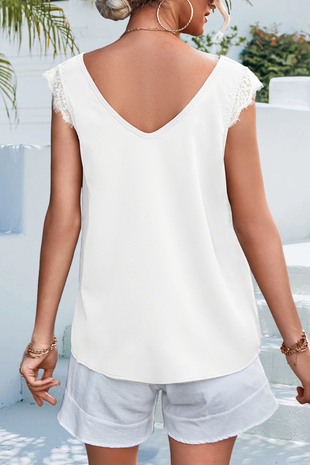 swvws Lace Detail Eyelash Trim V-Neck Tank