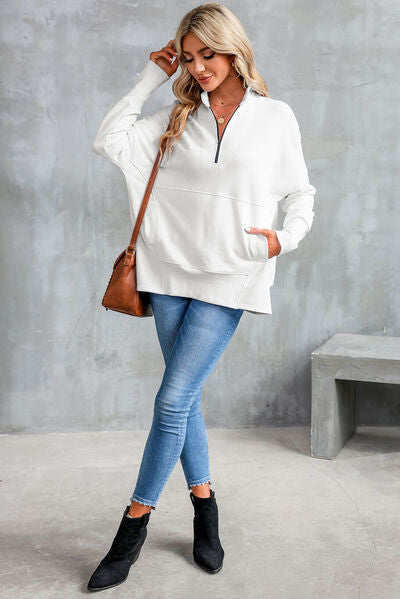 swvws Half Zip Pocketed Dropped Shoulder Sweatshirt