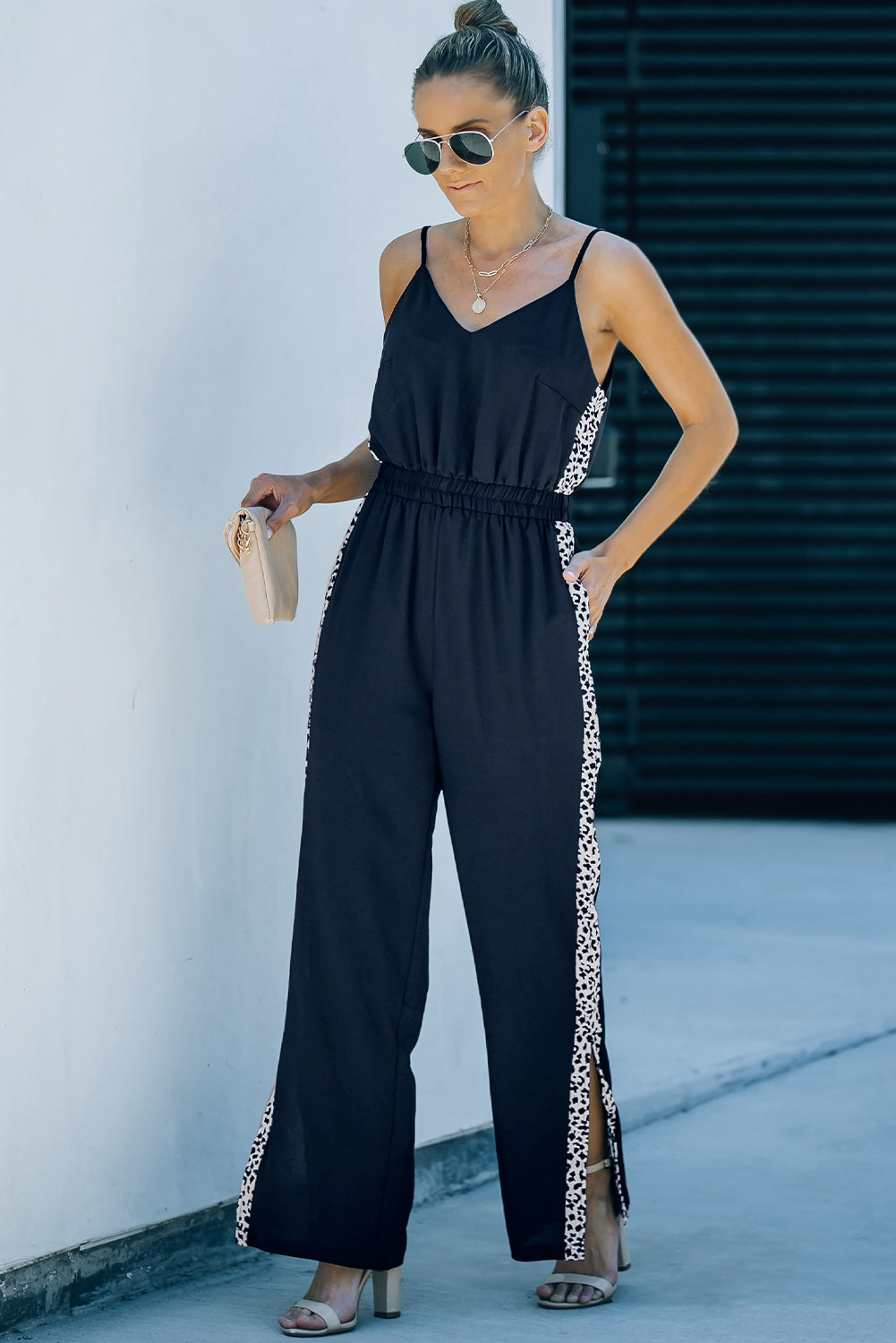 swvws Leopard Contrast Spaghetti Strap Wide Leg Jumpsuit