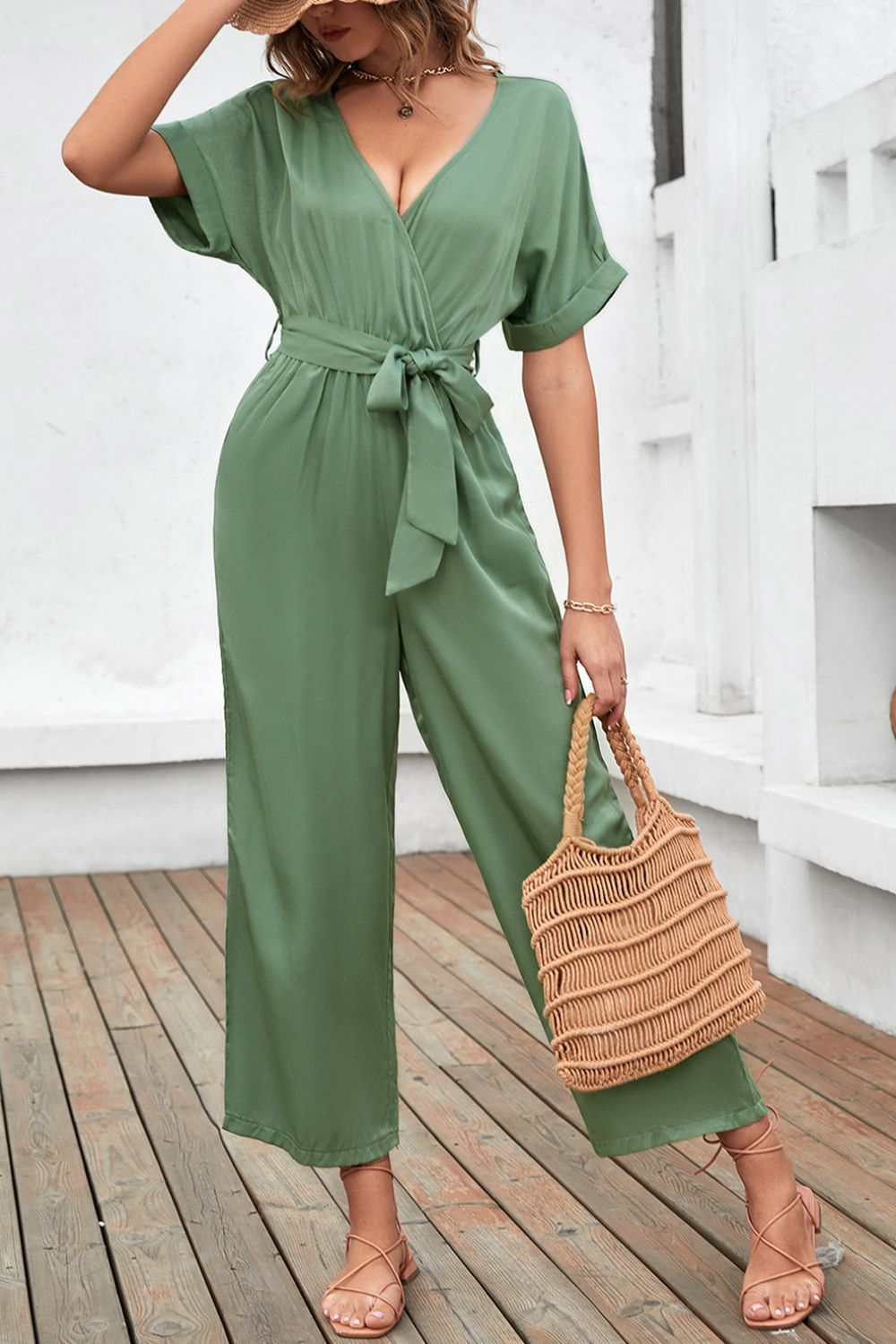 swvws Tie-Waist Surplice Wide Leg Jumpsuit