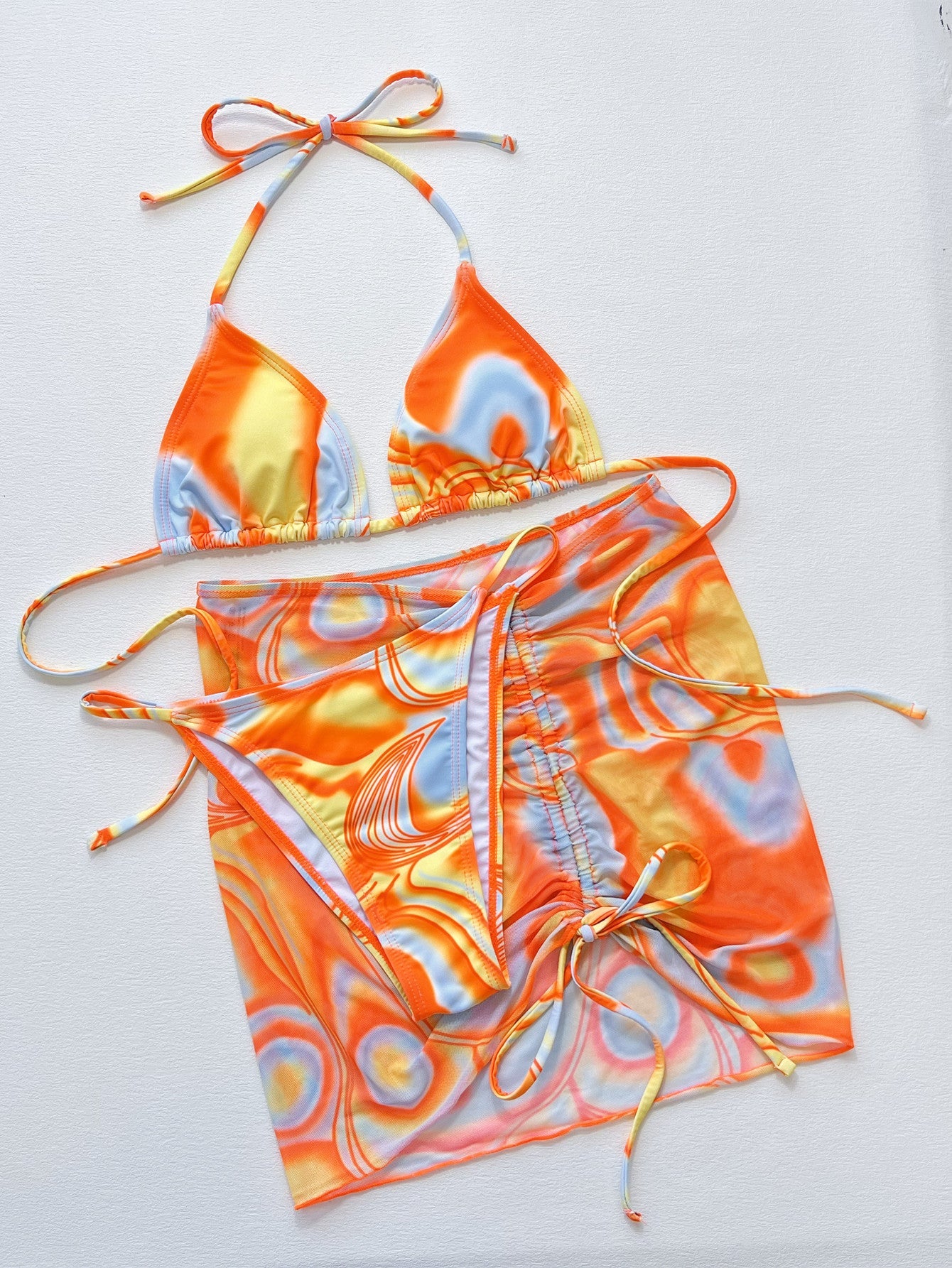 swvws Multicolored Drawstring Ruched Three-Piece Swim Set