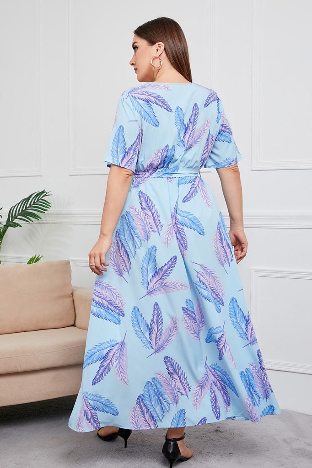 swvws Plus Size Printed Surplice Short Sleeve Maxi Dress