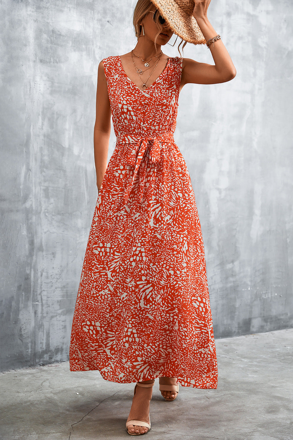 swvws Printed V-Neck Tie Waist Maxi Dress