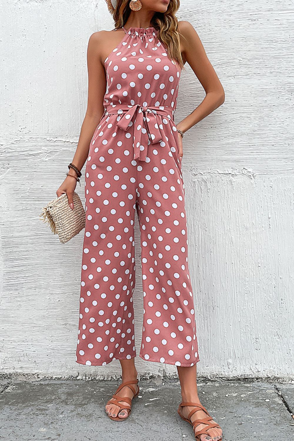 swvws Polka Dot Grecian Wide Leg Jumpsuit