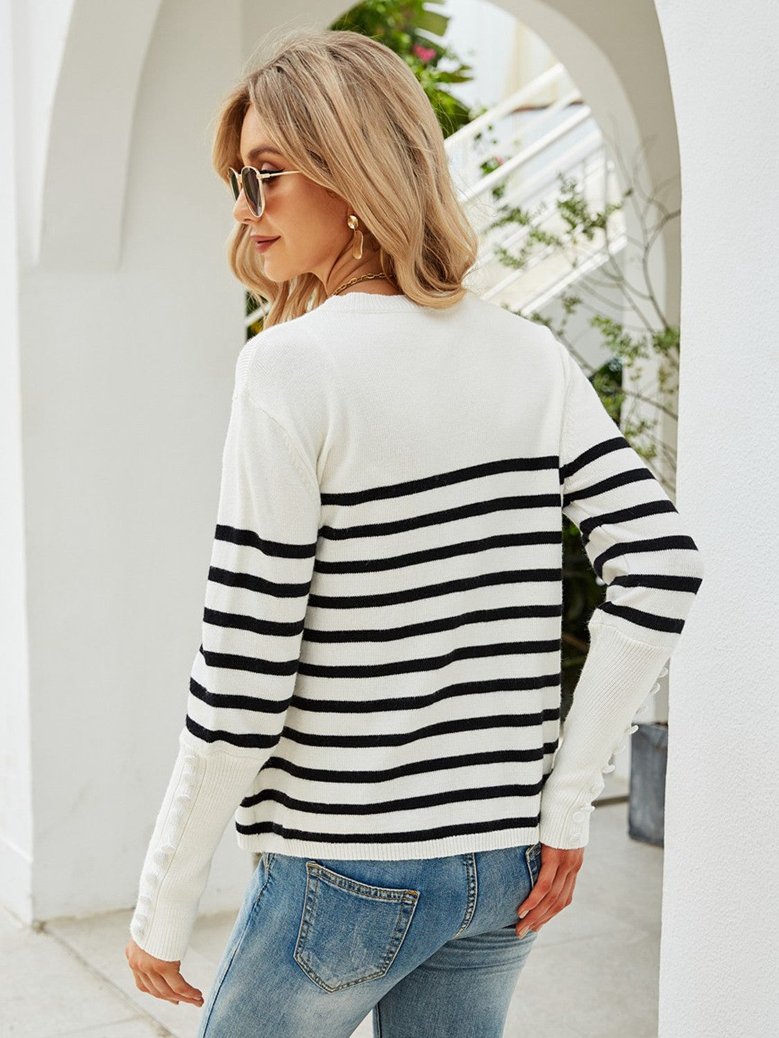 swvws Striped Decorative Button Knit Top