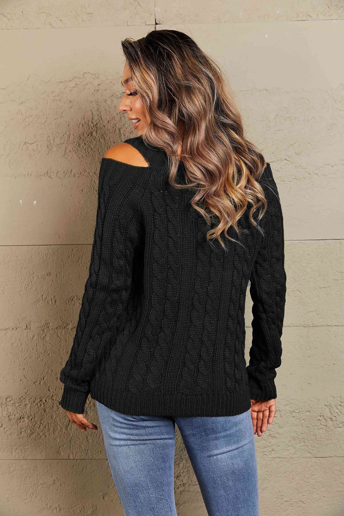 swvws Woven Right Cable-Knit Cold-Shoulder Long Sleeve Sweater