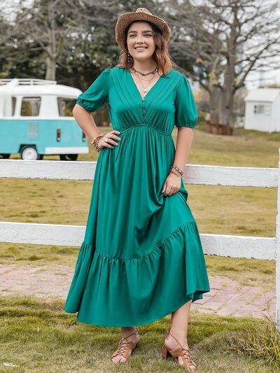 swvws Plus Size V-Neck Short Sleeve Ruffle Hem Dress