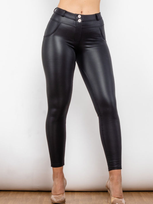 swvws Matte PU Leather Buttoned Long Pants