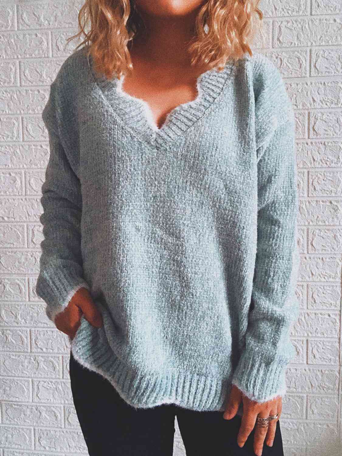 swvws Notched Dropped Shoulder Long Sleeve Sweater