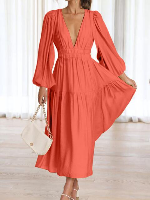 swvws Deep V-Neck Balloon Sleeve Plain Maxi Dress