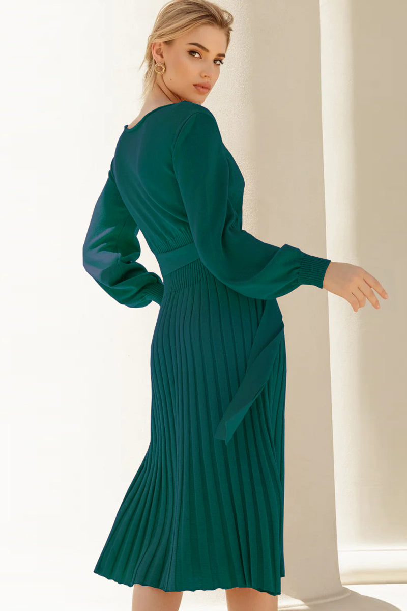 swvws Round Neck Long Sleeve Pleated Sweater Dress