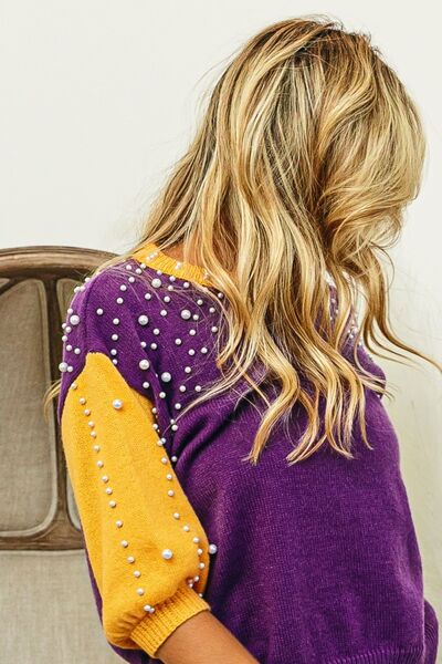 swvws BiBi Color Block Pearl Detail Round Neck Sweater