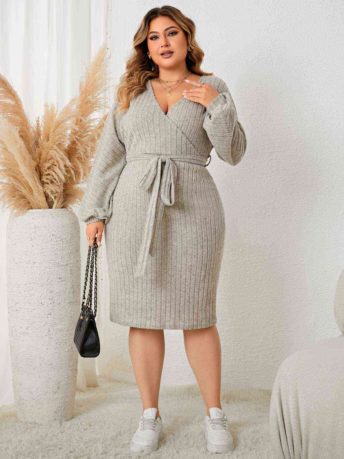 swvws Plus Size Tie Waist Wrap Dress