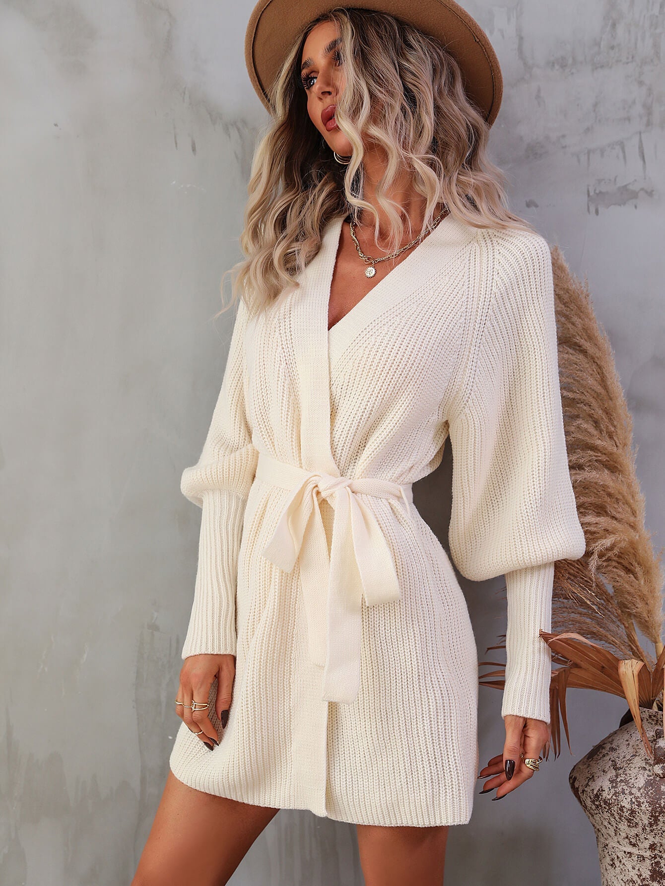 swvws Belted Surplice Lantern Sleeve Wrap Sweater Dress