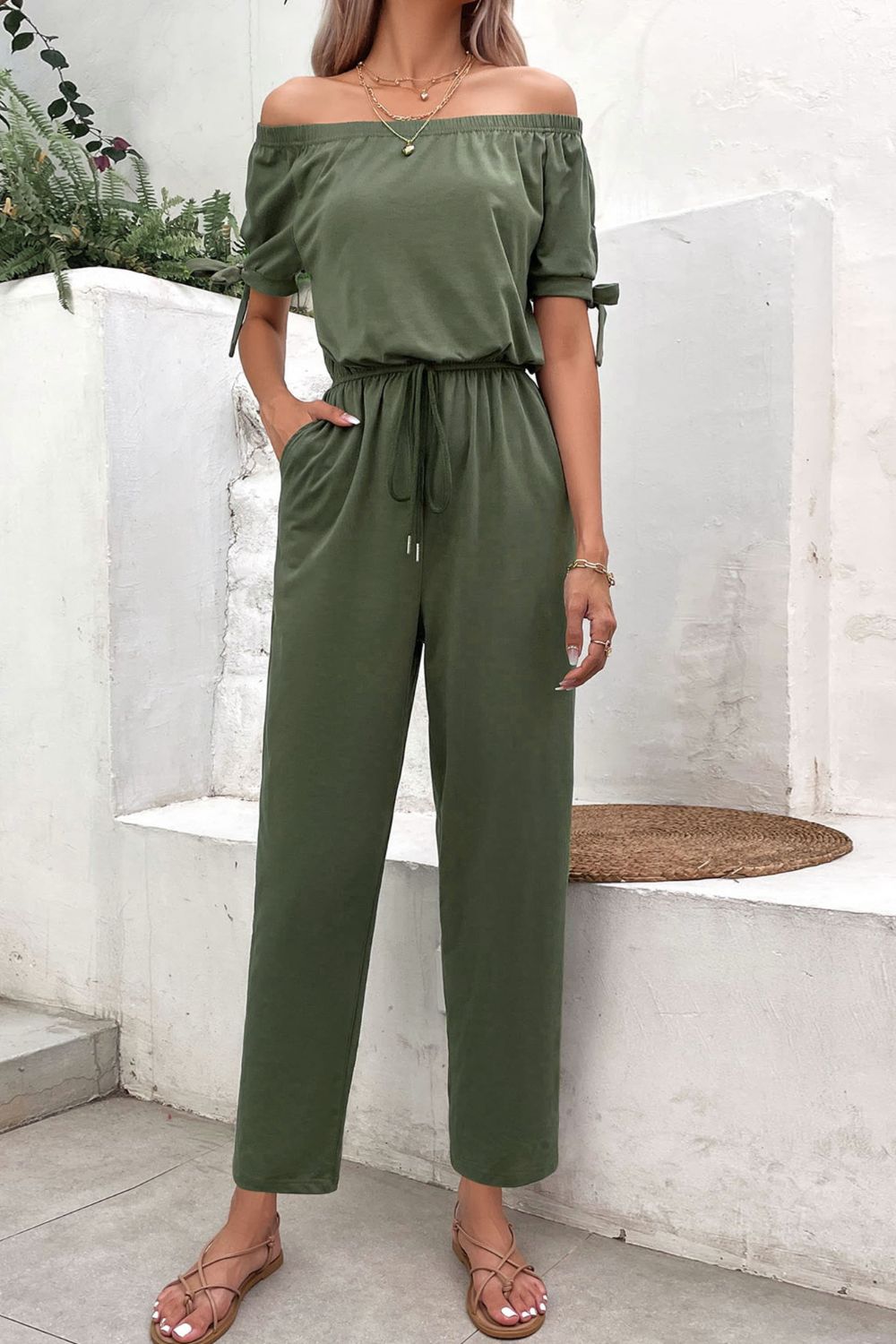 swvws Off-Shoulder Tie Cuff Jumpsuit with Pockets