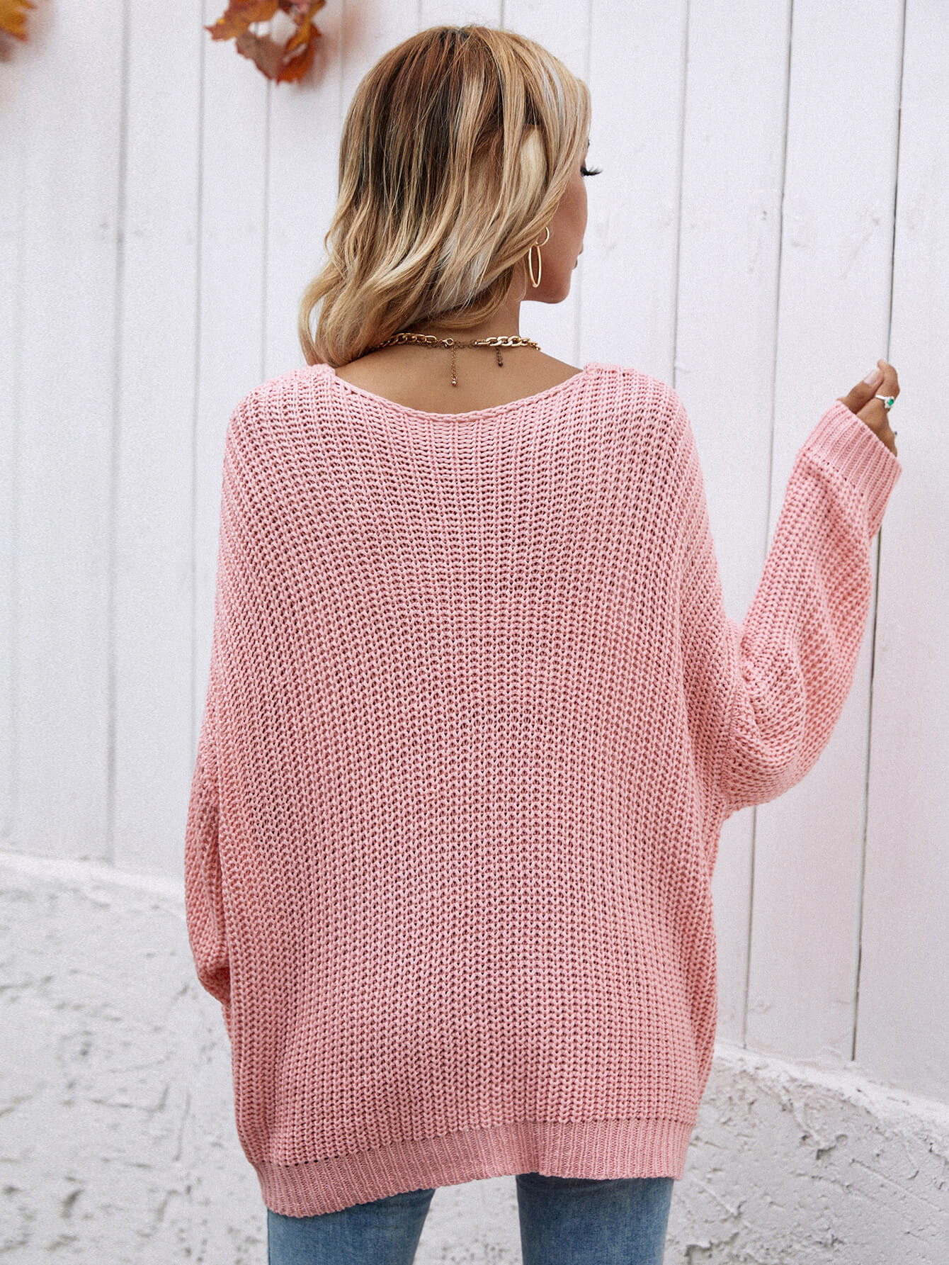 swvws Rib-Knit Drop Shoulder V-Neck Pullover Sweater