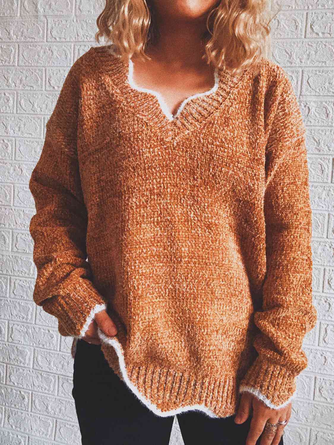 swvws Notched Dropped Shoulder Long Sleeve Sweater