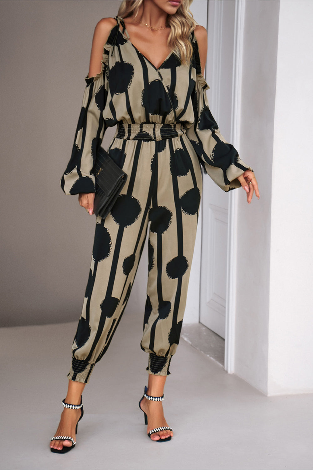 swvws Printed Cold-Shoulder Surplice Neck Jumpsuit