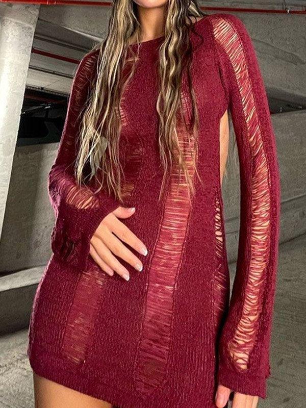 Sixsr Distressed Long Sleeve Party Mini Dress