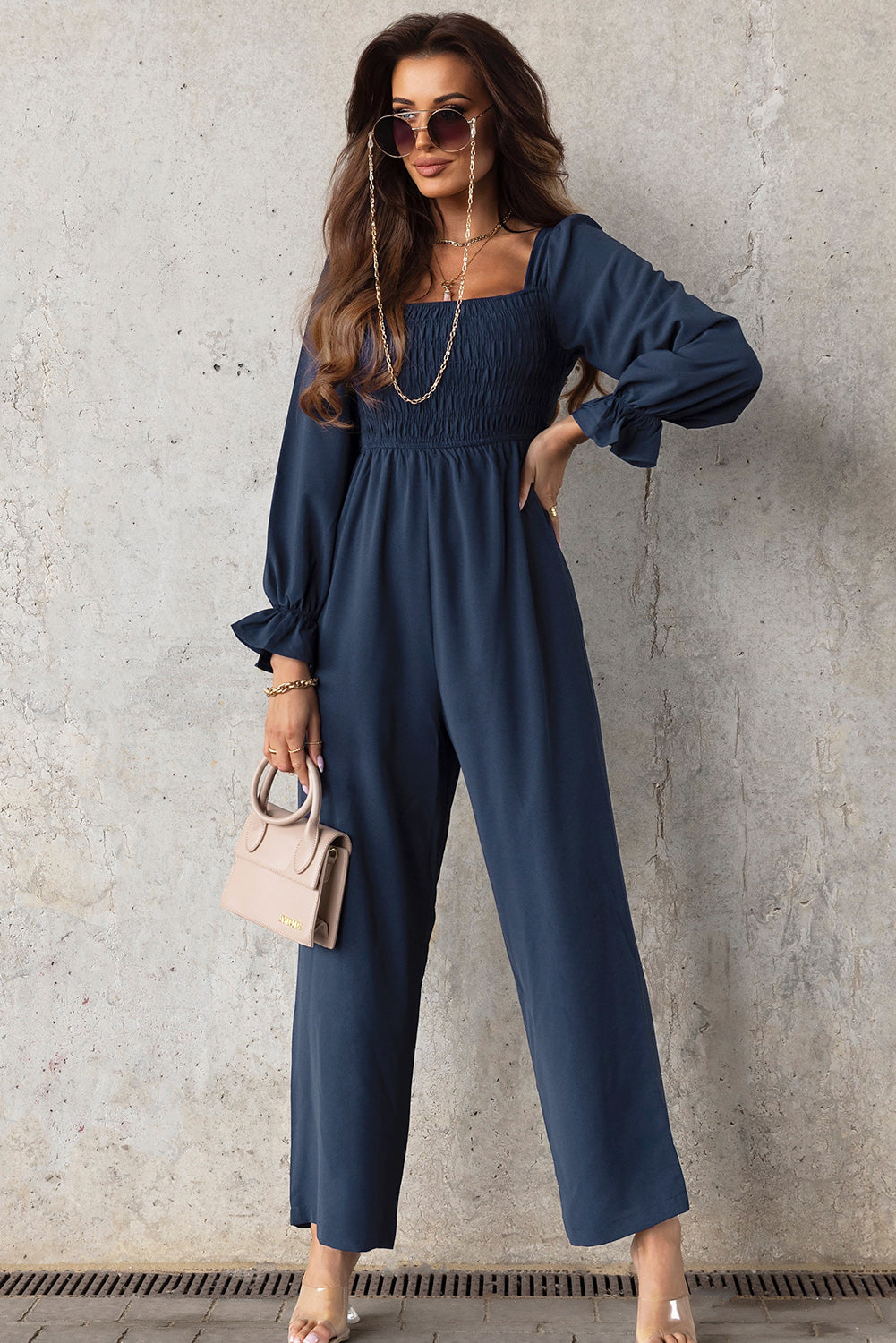 swvws Smocked Long Flounce Sleeve Square Neck Jumpsuit