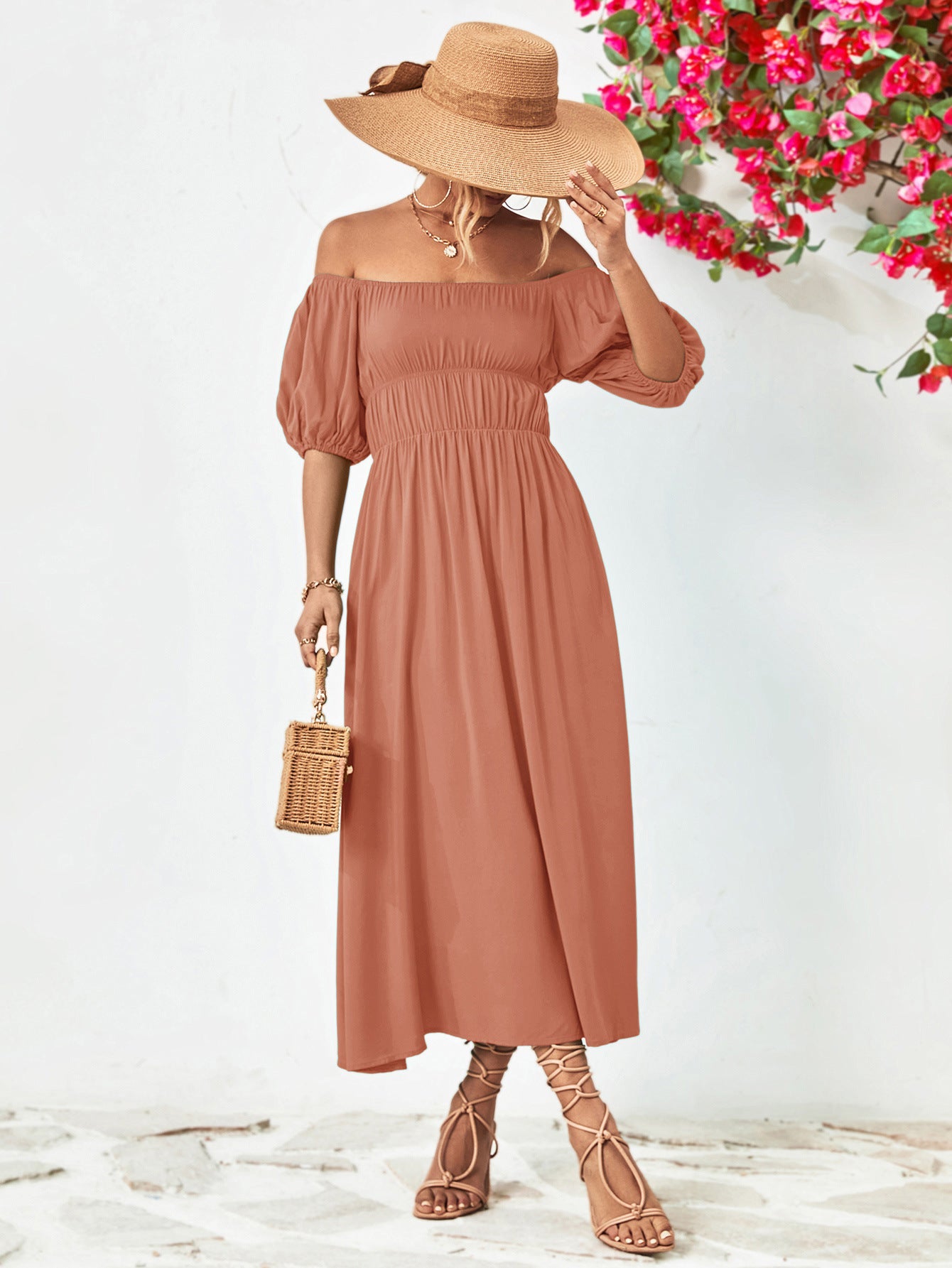 swvws Off-Shoulder Balloon Sleeve Midi Dress