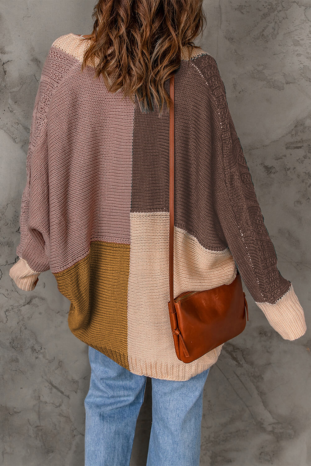 swvws Color Block Cable-Knit Batwing Sleeve Cardigan