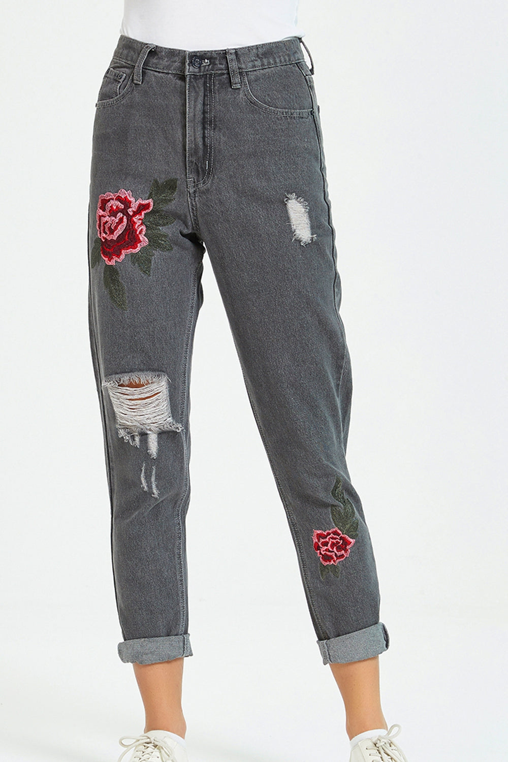 swvws Flower Embroidery Distressed Jeans