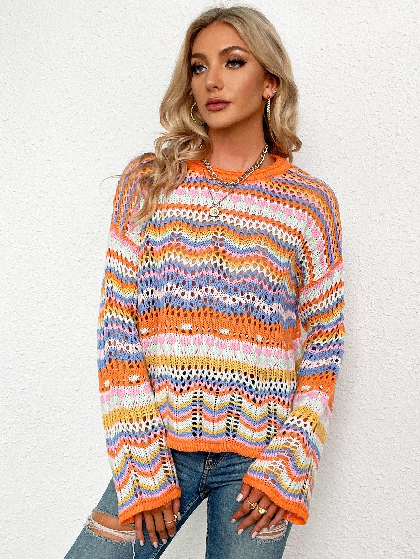 swvws Rainbow Stripe Openwork Flare Sleeve Knit Top