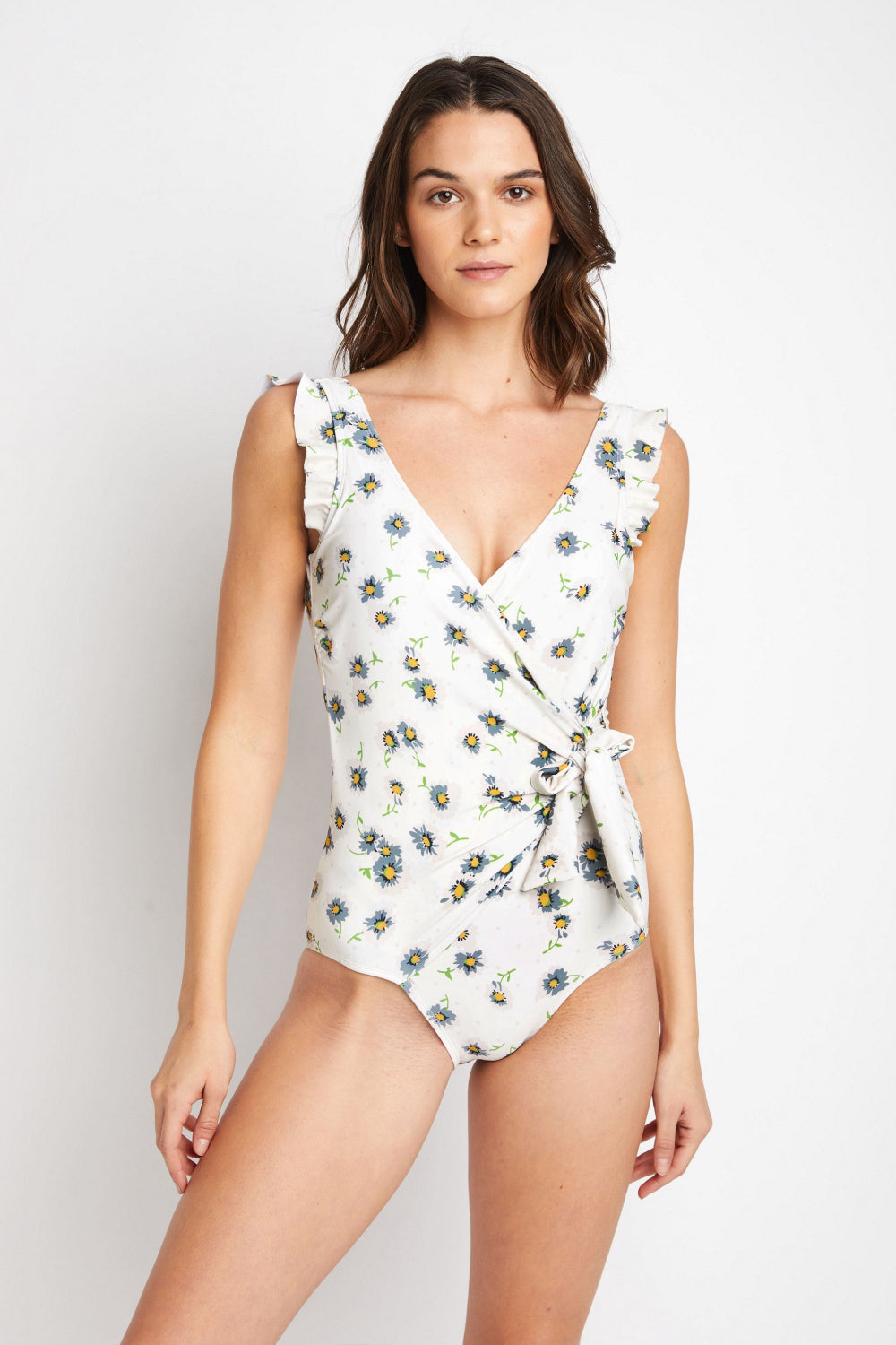 swvws Marina West Swim Float On Ruffle Faux Wrap One-Piece in Daisy Cream