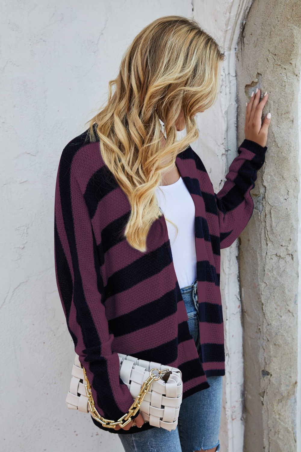 swvws Striped Dolman Sleeve Open Front Cardigan