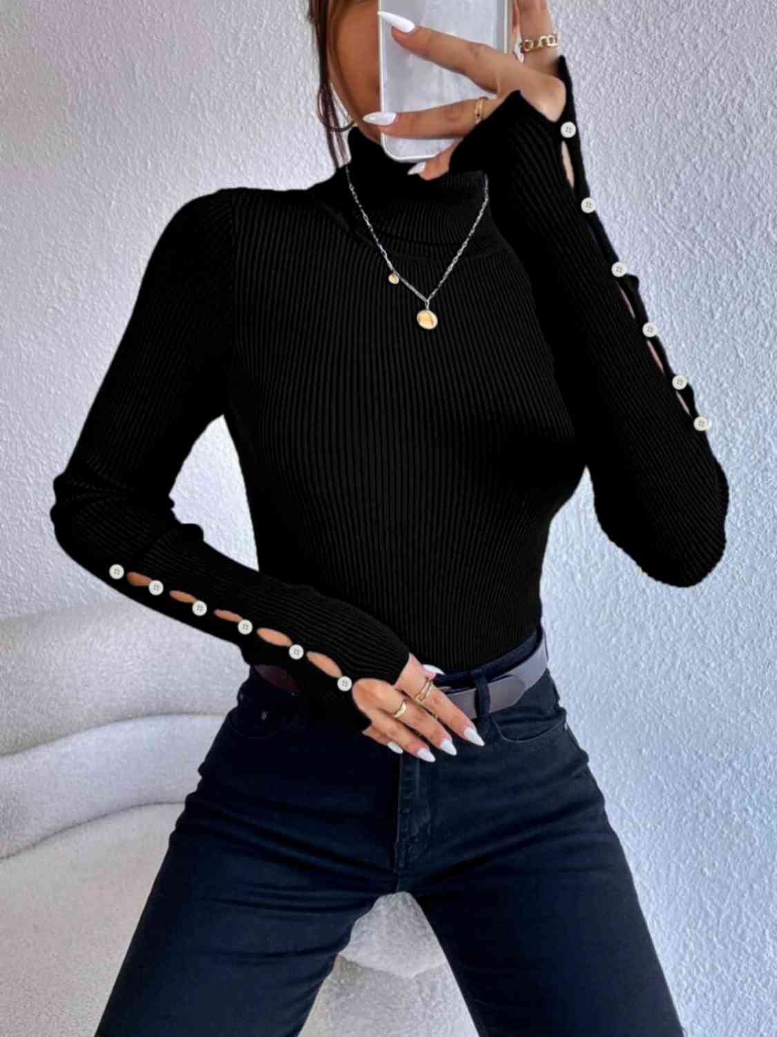 swvws Cutout Turtleneck Rib-Knit Top