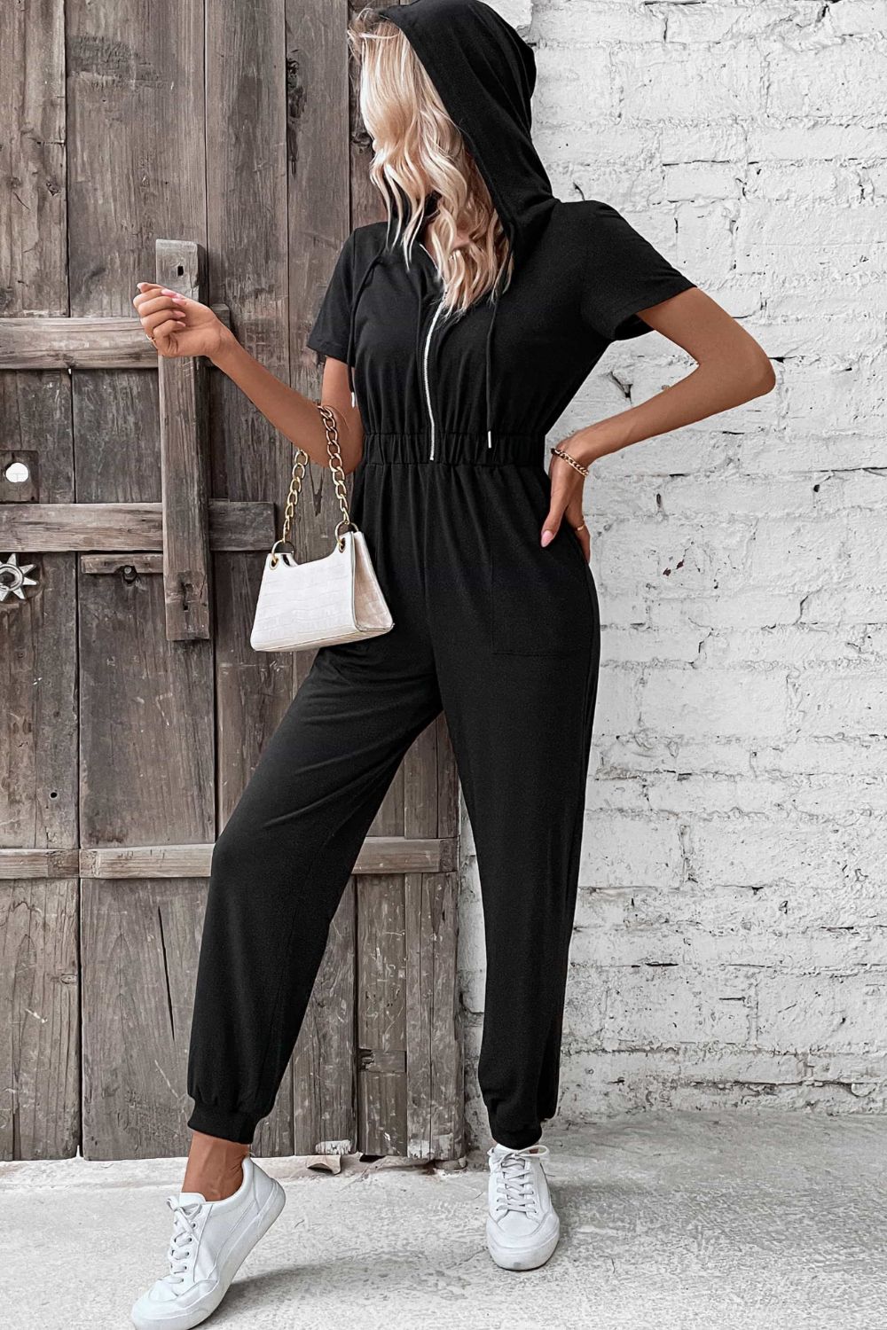 swvws Zip-Up Short Sleeve Hooded Jumpsuit with Pockets