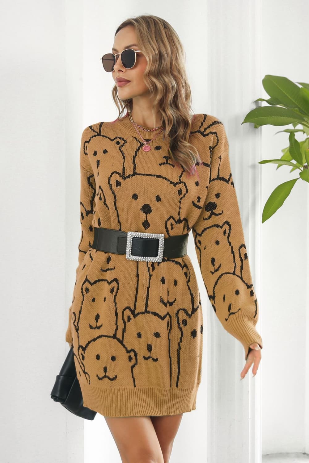 swvws Bear Pattern Round Neck Sweater Dress