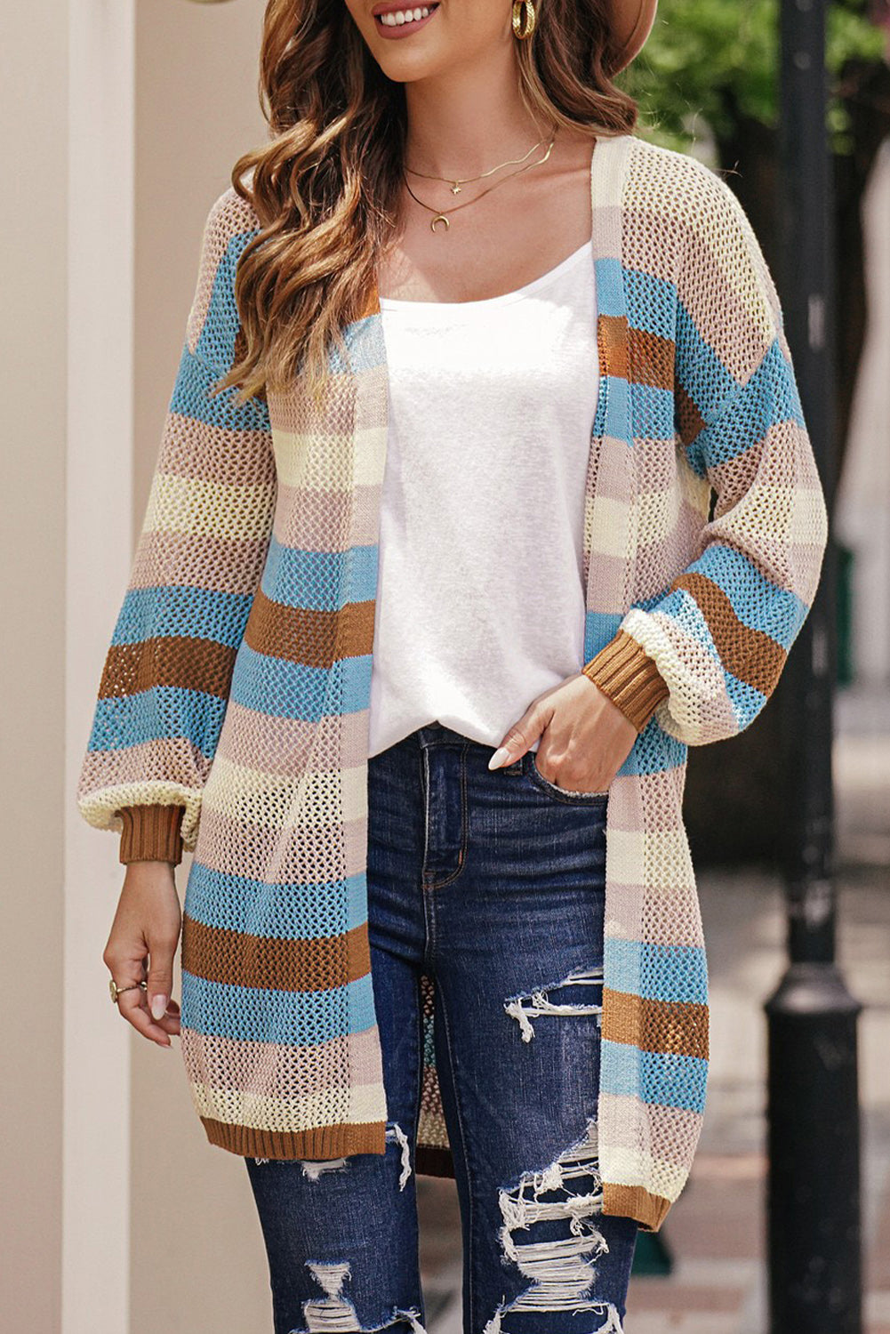 swvws Full Size Striped Long Sleeve Openwork Cardigan