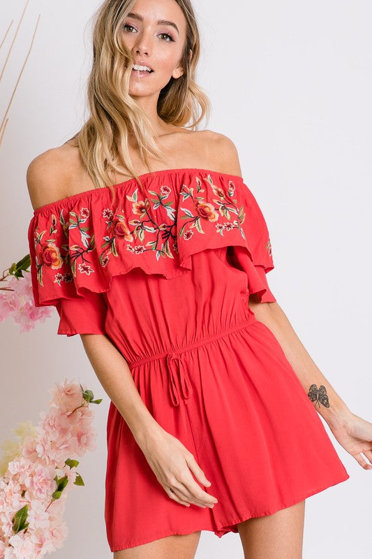 swvws Floral Embroidered Off Shoulder Romper