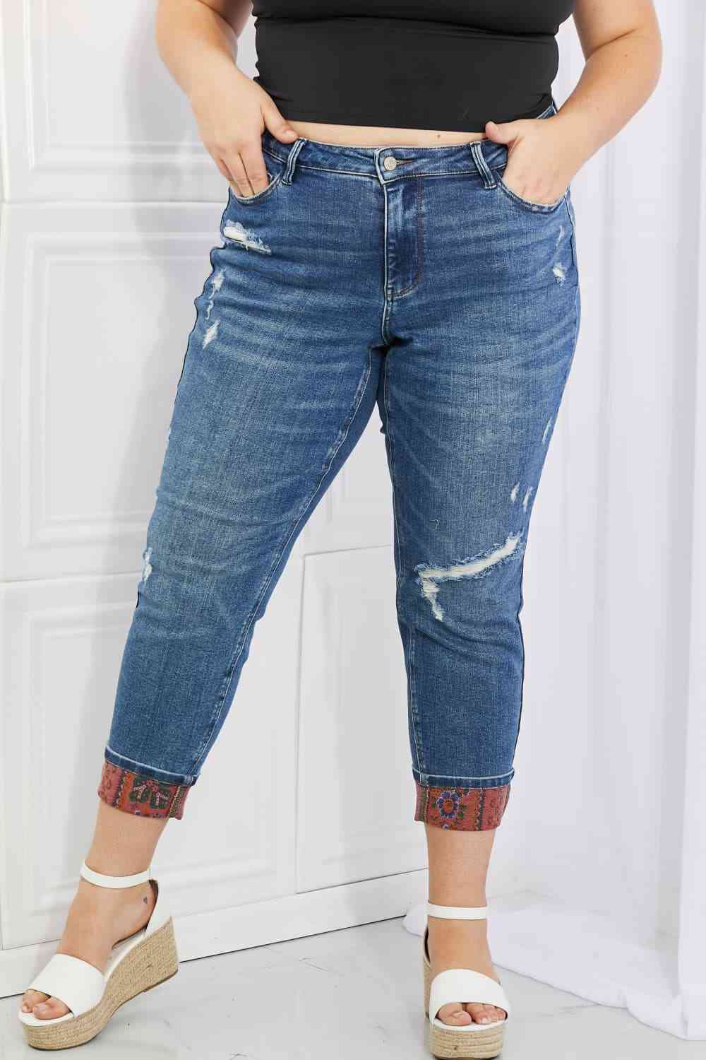 swvws Judy Blue Gina Full Size Mid Rise Paisley Patch Cuff Boyfriend Jeans