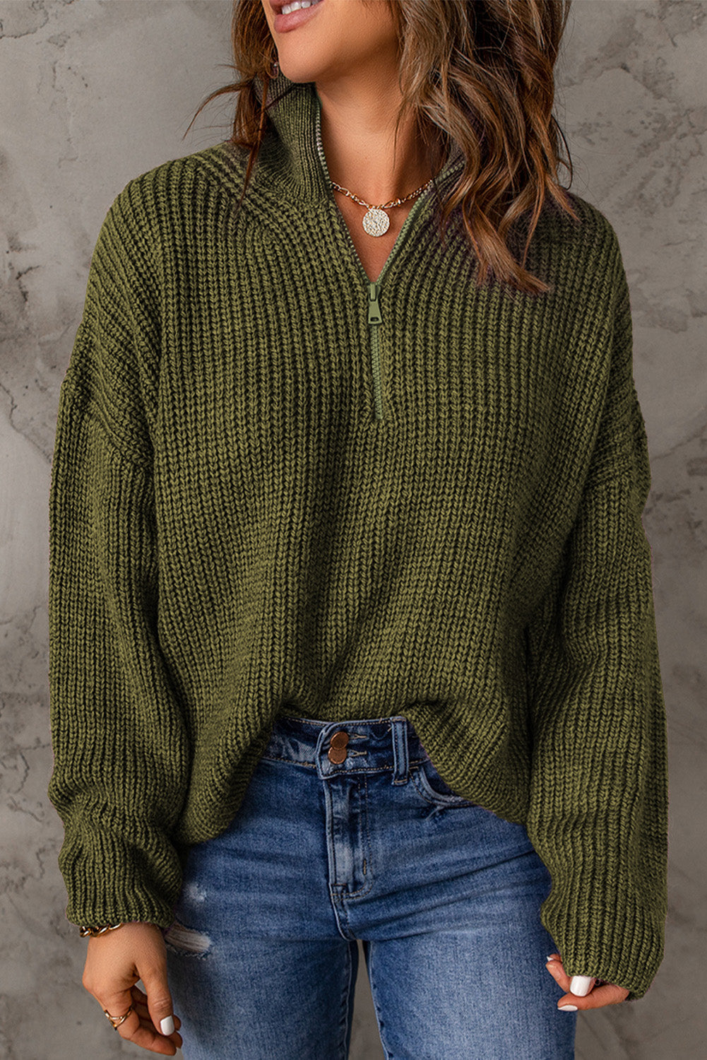 swvws Half Zip Rib-Knit Dropped Shoulder Sweater