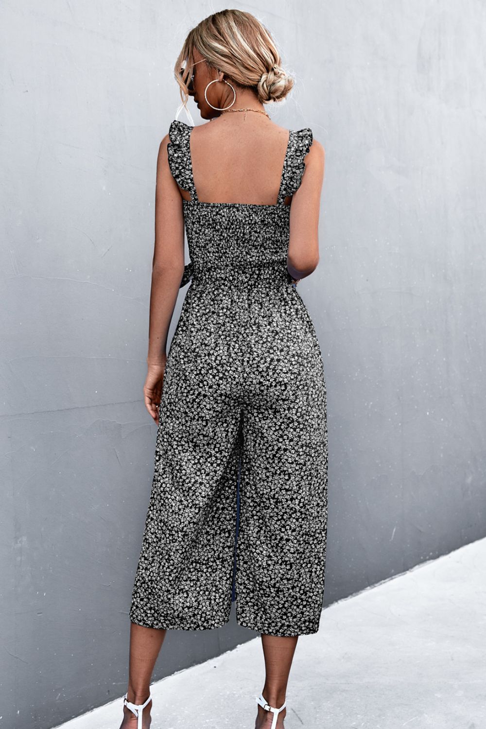 swvws Printed Ruffle Strap Smocked Belted Jumpsuit