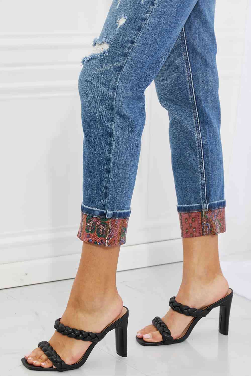 swvws Judy Blue Gina Full Size Mid Rise Paisley Patch Cuff Boyfriend Jeans