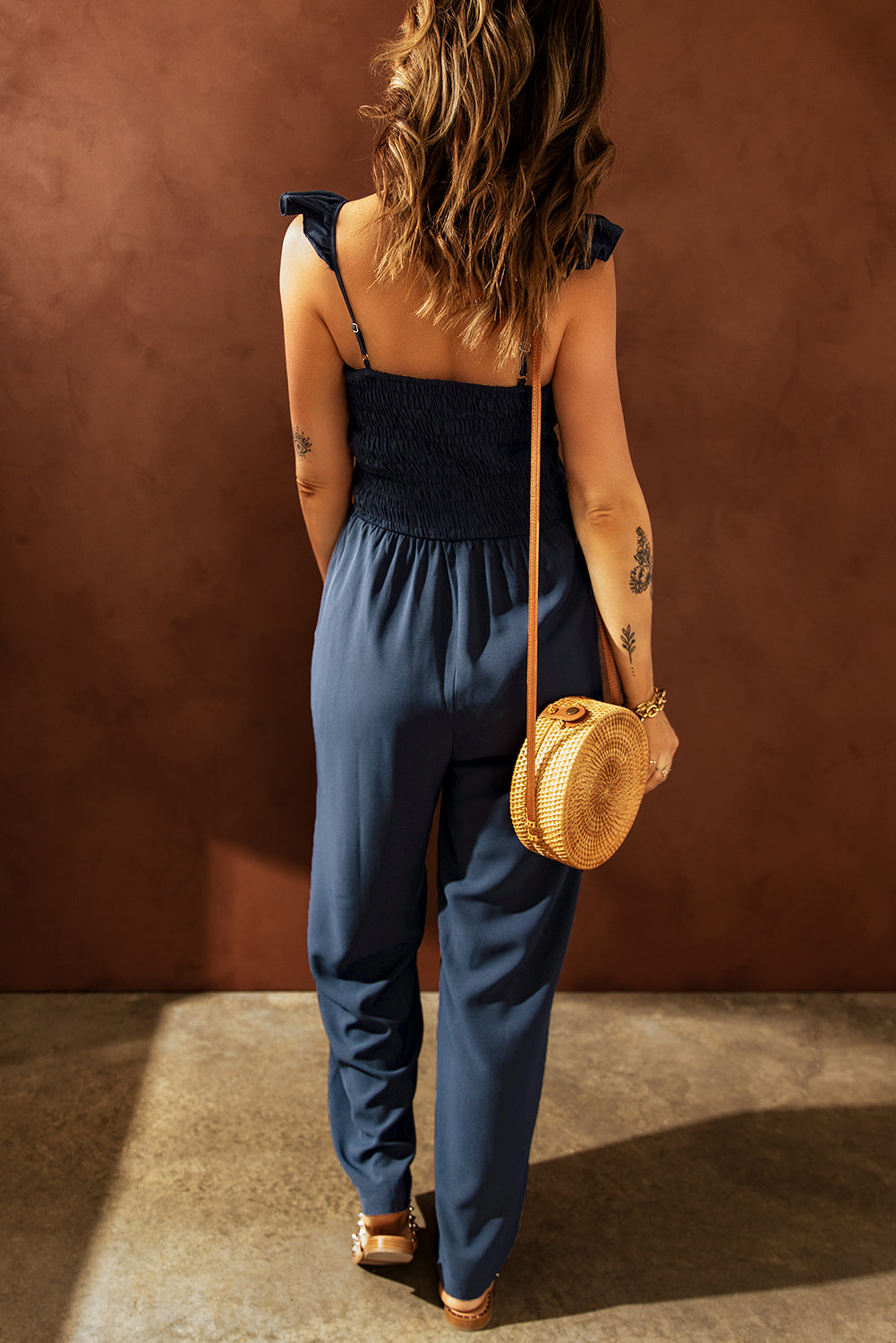 swvws Ruffle Shoulder Smocked Pocket Jumpsuit