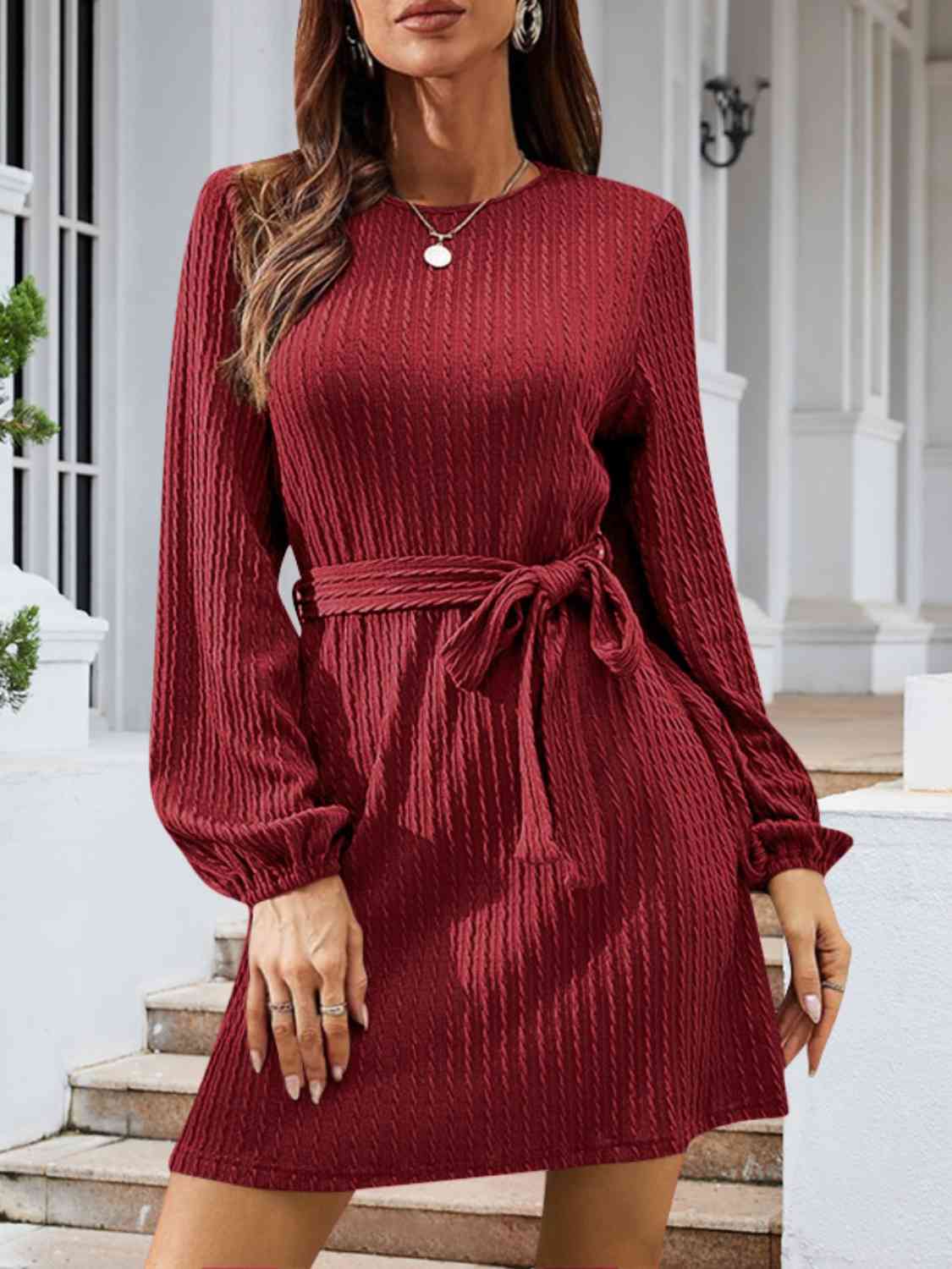 swvws Round Neck Tie Front Long Sleeve Dress