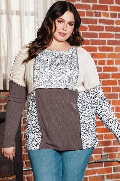 swvws Plus Size Leopard Round Neck Sweatshirt