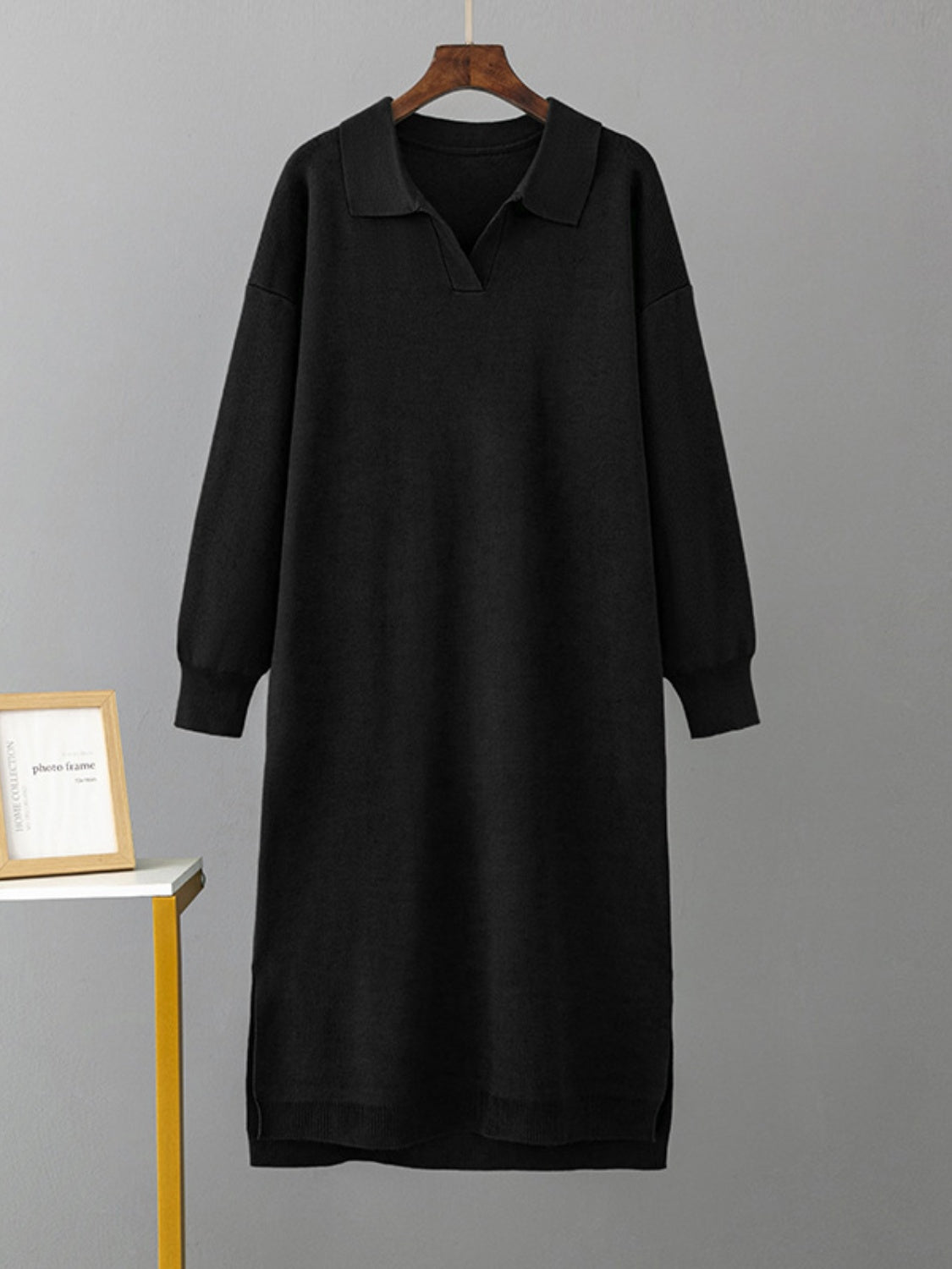 swvws Johnny Collar Long Sleeve Slit Sweater Dress