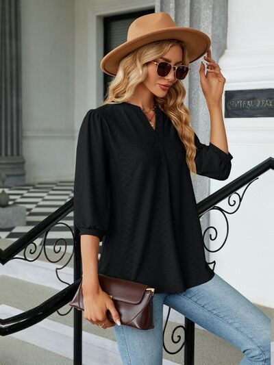 swvws Textured Notched Three-Quarter Sleeve Blouse