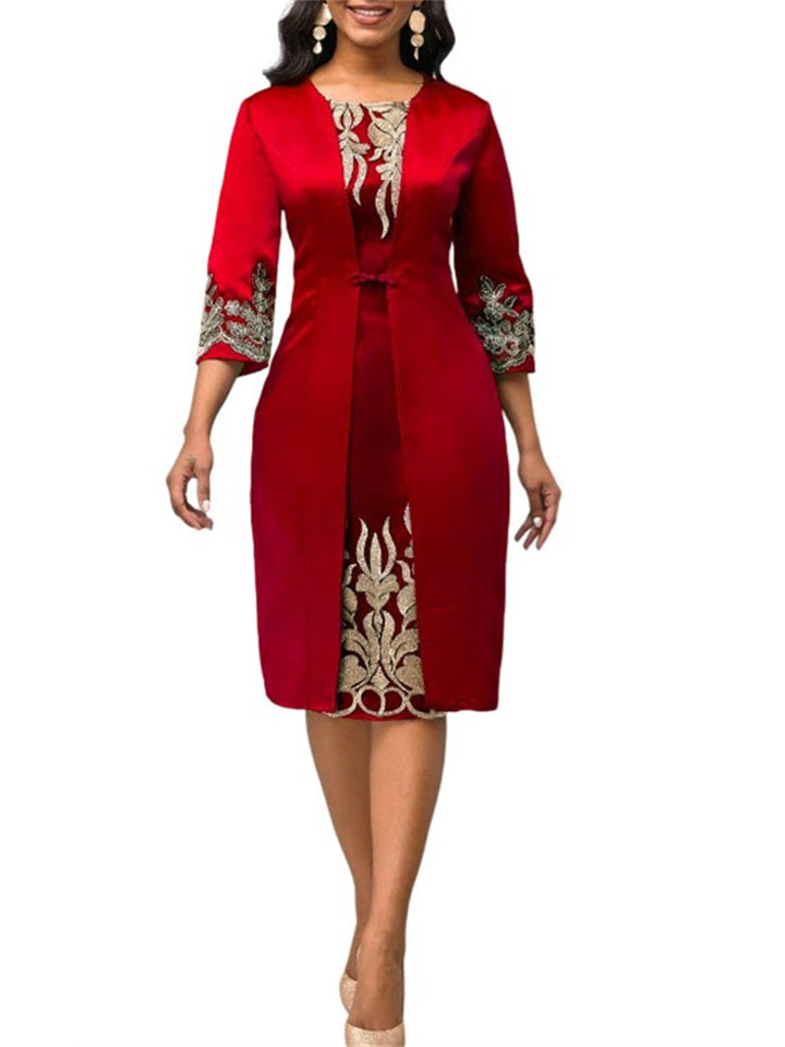 swvws Women's Plus Size Party Dress Floral Crew Neck Ruched 3/4 Length Sleeve Winter Fall Elegant Midi Dress Formal Party Dress / Print